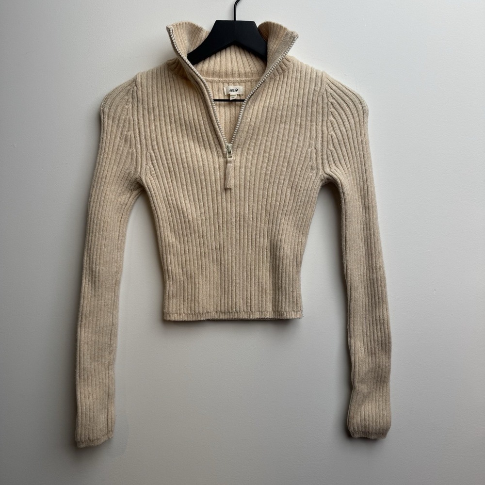 Aerie 1/4 Zip Cropped Sweater Women's XS Pullover Wool Beige Oatmeal Long Sleeve